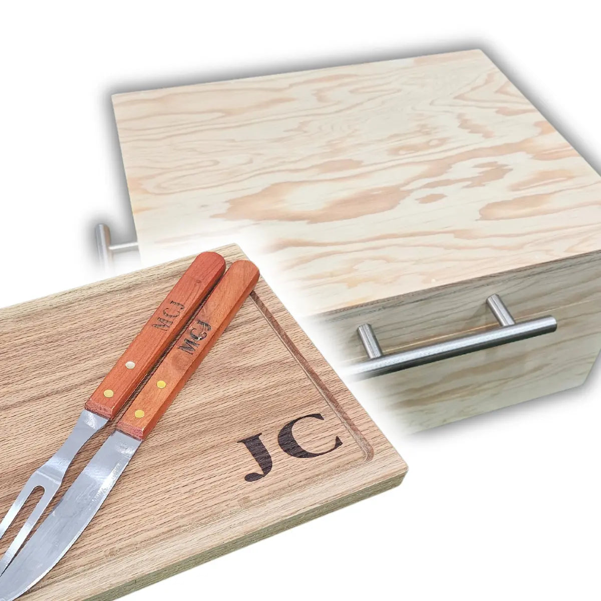 Kit Caja de Pino Natural + Tabla + Utensilios | Grabado Láser Incluido | RKhome