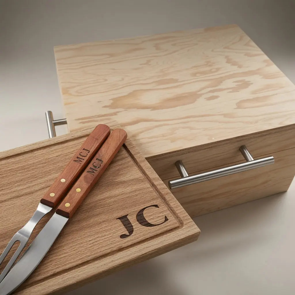 Kit Caja de Pino Natural + Tabla + Utensilios | Grabado Láser Incluido | RKhome