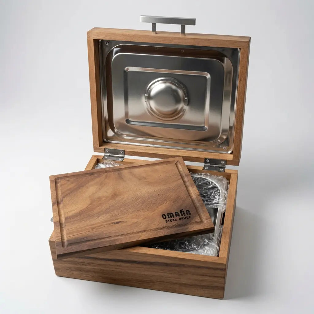 Caja de Parota Sólida para Carne Asada + Tabla de Picar | Grabado Láser Incluido | RKhome