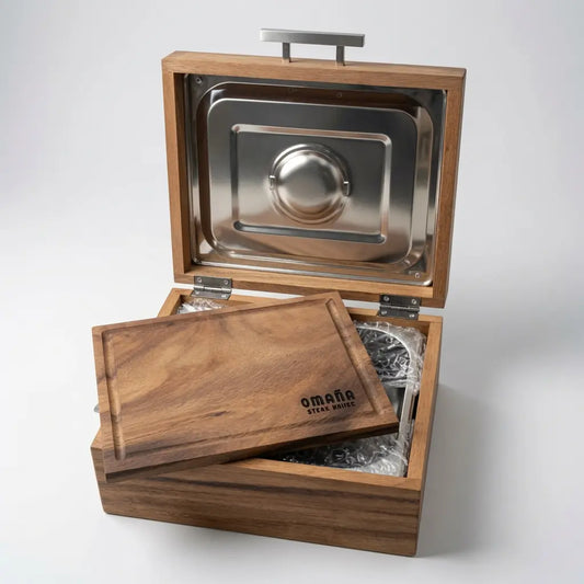 Caja de Parota Sólida para Carne Asada + Tabla de Picar | Grabado Láser Incluido | RKhome
