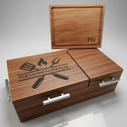 Caja de Parota Enchapada Doble Inserto + Tabla de Picar | Grabado Láser Incluido | RKhome