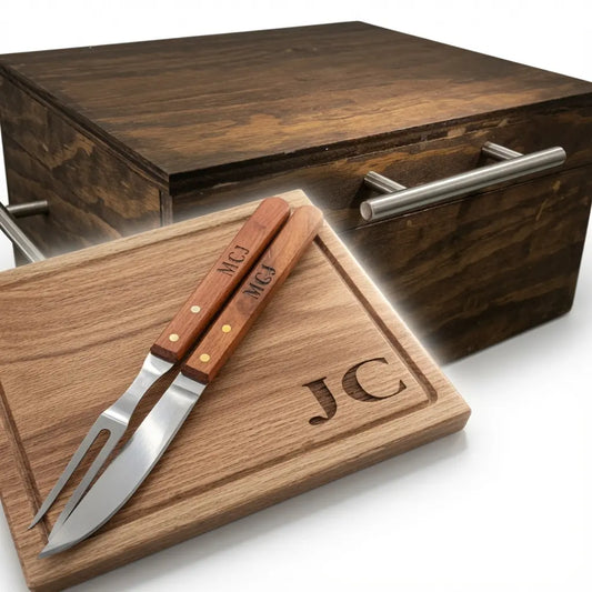 Kit Caja de Pino Veteado + Tabla + Utensilios | Grabado Láser Incluido | RKhome