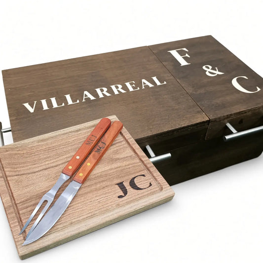Kit Mega Caja de Okume para Carne Asada + Tabla + Utensilios Personalizados | RKhome