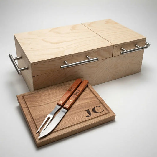 Mega Kit Caja de Pino Natural Doble Inserto + Tabla + Utensilios | Grabado Láser Incluido | RKhome