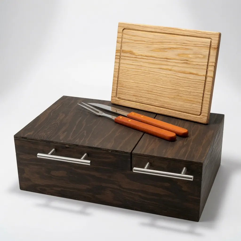 Mega Kit Caja de Pino Veteado Doble Inserto + Tabla + Utensilios | Grabado Láser Incluido | RKhome