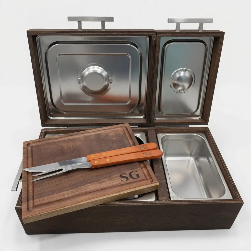 Kit Mega Caja de Pino Doble Tapa + Tabla + Utensilios | Grabado Láser Incluido | RKhome