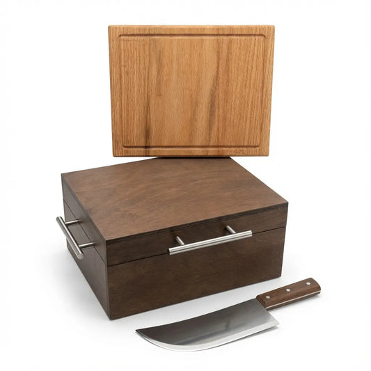 Kit Completo Caja de Okume + Achuela + Tabla | Para Asado | RKhome