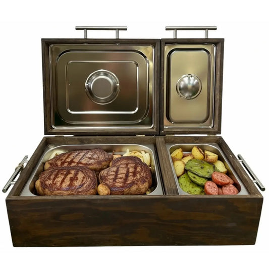 Mega Caja de Pino Veteado Doble Inserto para Carne Asada | Grabado Láser Incluido | RKhome