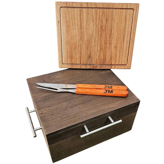 Kit Caja de Okume para Carne Asada + Tabla de Encino | Grabado Incluido | RKhome