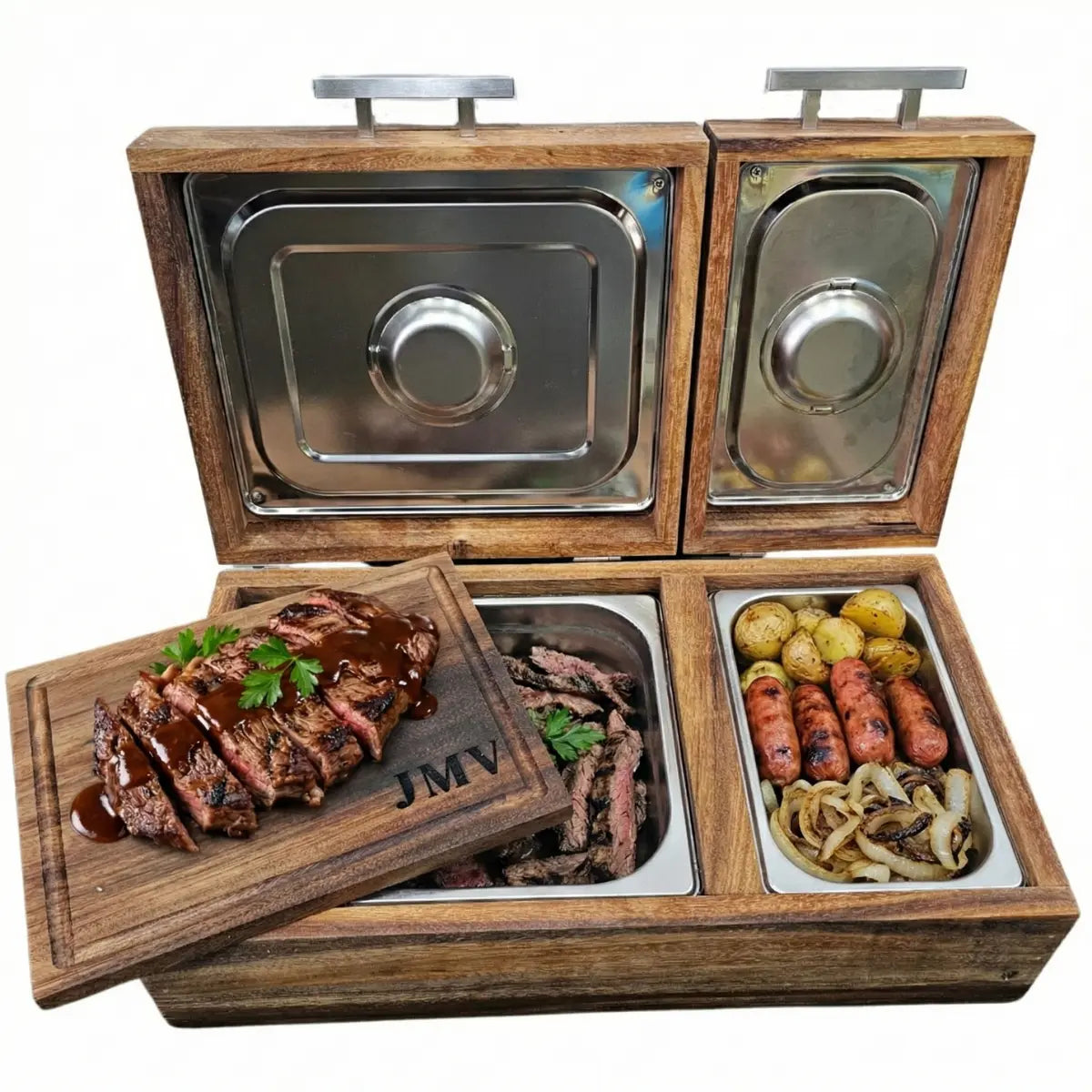 Caja Parota Sólida Doble Inserto para Carne Asada